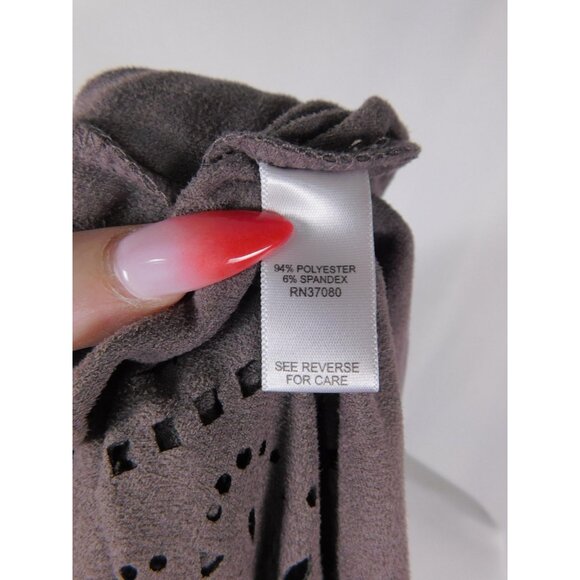 Cato Vest Womens Medium Taupe Open Front Sleeveless Laser Cut Back Faux Suede - Picture 12 of 12